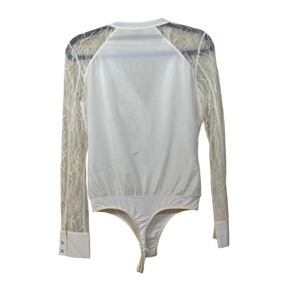 Bebe cream silk bodysuit, romantic, statement, date night, ruffle, lace, sexy - Picture 2 of 5